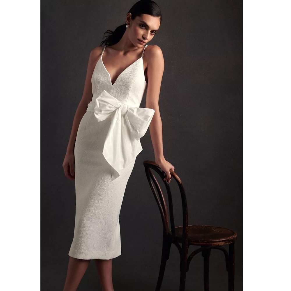 ANTHROPOLOGIE REBECCA VALLANCE GENEVIEVE BRIDAL BOW V-NECK SHEATH MIDI DRESS